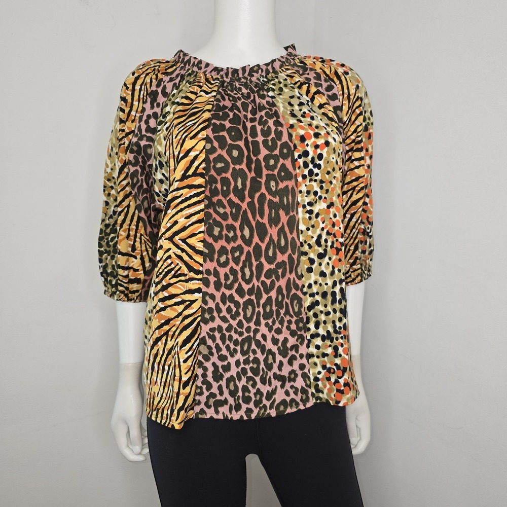 Voy Boutique Blouse Top Size S Patchwork Animal Print 3/4 Sleeve Preppy Boho